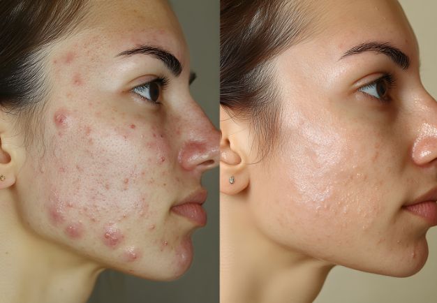 Photo showing face on one day 1 of using the iAura Facial Sculptor and a comparison side by side of her face on day 30 showing improvements to her Acne