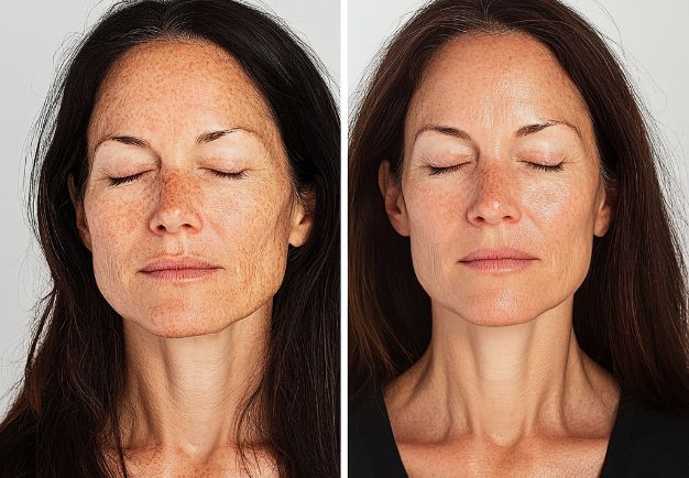 Photo showing face on one day 1 of using the iAura Facial Sculptor and a comparison side by side of her face on day 45 showing improvements to her Hyperpigmentation