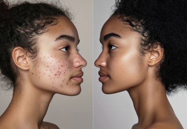 Photo showing face on one day 1 of using the iAura Facial Sculptor and a comparison side by side of her face on day 30 showing improvements to her Acne
