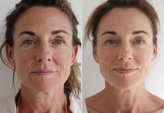 Photo showing face on one day 1 of using the iAura Facial Sculptor and a comparison side by side of her face on day 30 showing improvements to her Fine Lines & Wrinkles