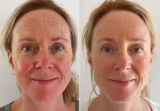 Photo showing face on one day 1 of using the iAura Facial Sculptor and a comparison side by side of her face on day 30 showing improvements to her skin