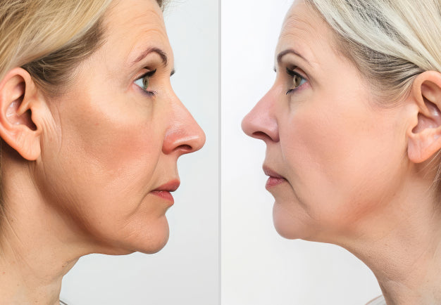 Photo showing face on one day 1 of using the iAura Facial Sculptor and a comparison side by side of her face on day 30 showing improvements to her Double Chin and sagging skin