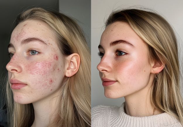 Photo showing face on one day 1 of using the iAura Facial Sculptor and a comparison side by side of her face on day 30 showing improvements to her Acne