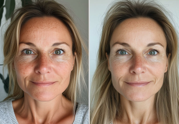 Photo showing face on one day 1 of using the iAura Facial Sculptor and a comparison side by side of her face on day 30 showing improvements to her Hyperpigmentation